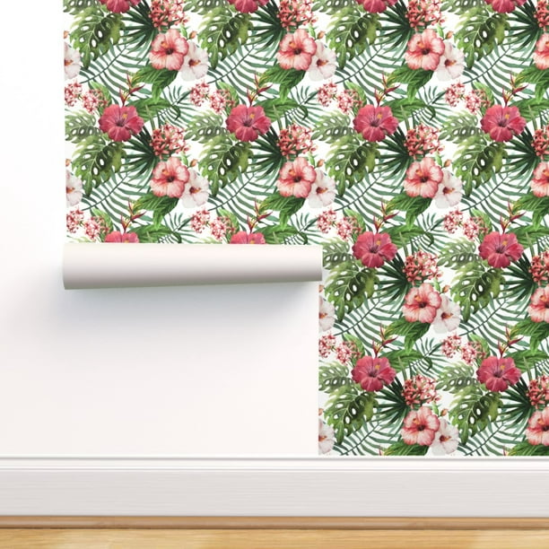Peel-and-Stick Removable Wallpaper Hibiscus Hawaiian Tropical Floral Leaves